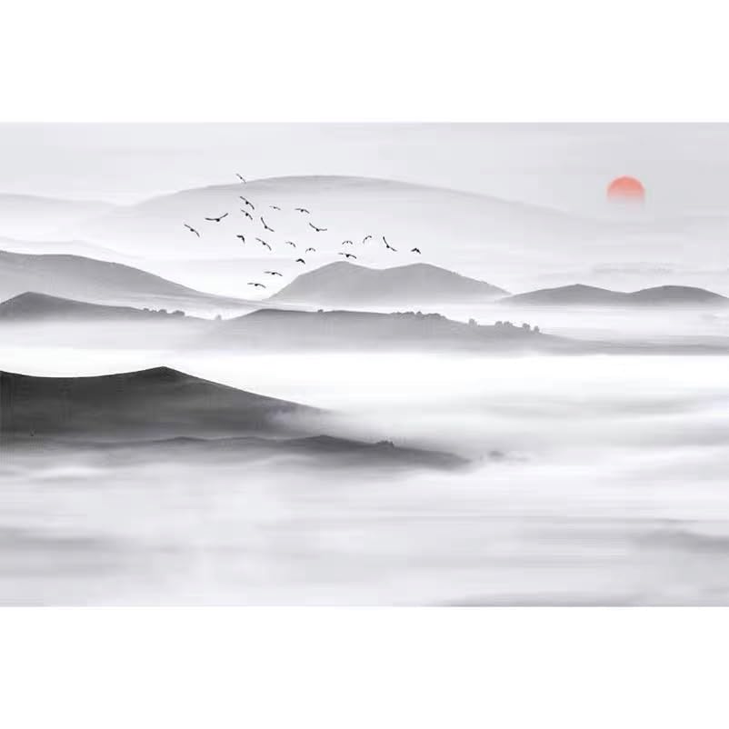 Papier peint panoramique salon paysage de montagne encre