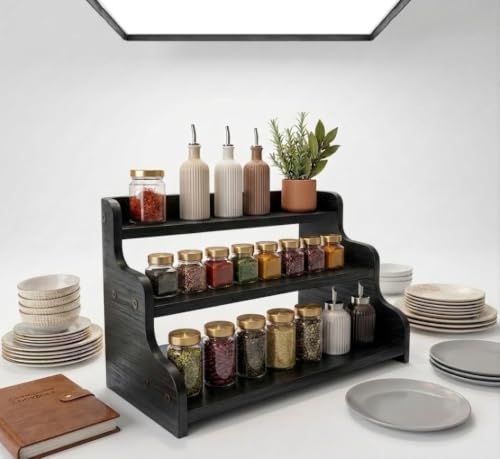 Image of 3-Tier Spice Rack, 13.8 Inch Wood Spice Bottles, Jars, Seasonings, Baking Supplies, Shelf Countertop Spice Storage Holder, Kitchen Pantry Cabinet Organizer Cupboard (BLACK)