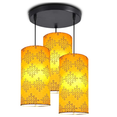 Image of 3 Set Hanging Cluster Light - Pendant Lamps in Cylindrical Shape for Living Rooms /Bed Rooms (Printed Kolam)