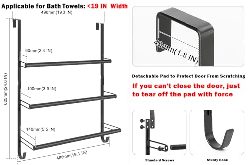 Livabber 3-Tier Over The Door Towel Rack, All Metal Towel Rack with Hooks for Door Hanging, Behind Door Towel Bar Towel Storage Holder for Bathroom Accessories, Black (19.37" L x 5.9" W x 24.4" H)