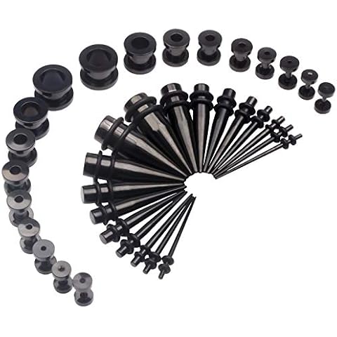 CABBE KALLO 14G-00G 36 pcs Ear Stretching Kit Stainless Steel Tapers Screw Fit Spiral Tunnels Plugs Set Piercing Body Jewelry - Rainbow, Rose Gold, Gold, Black, Silver, Blue - Piercing Kit for Ear Gauging, Stretching and Expanding, Body Jewelry Set with Variety of Colors,Black Cover