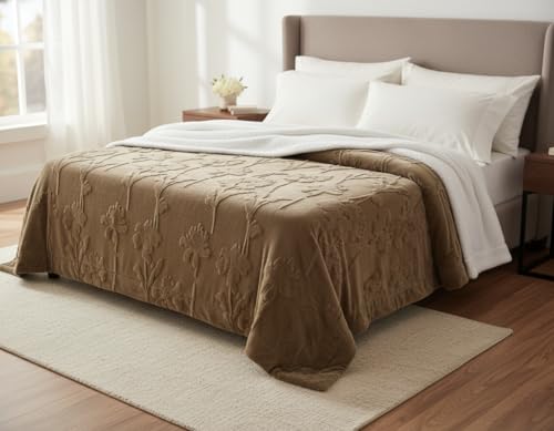 Image of VAS COLLECTIONS Faux Fur Jacquard Tufted Sherpa Blanket | 600 GSM Heavyweight Ultra-Soft & Super Warm Double Bed Blanket | 225 x 220 cm | 5D Embossed Floral Design | Heavy Winter Use - 3 kg, Brown
