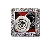 Lovely White and Black Rose on Red Handmade Square Glass Baroque Style BROOCH or Pin Jewelry (Antique Silver Tone)