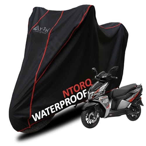 Image of Bike Body Cover TVS Ntorq Full Body Cover with Waterproof, Dust Proof, UV Rays Protective, Tripple Stitching & Lightweight Two Wheeler Covers - Black with Waterproof Red Piping