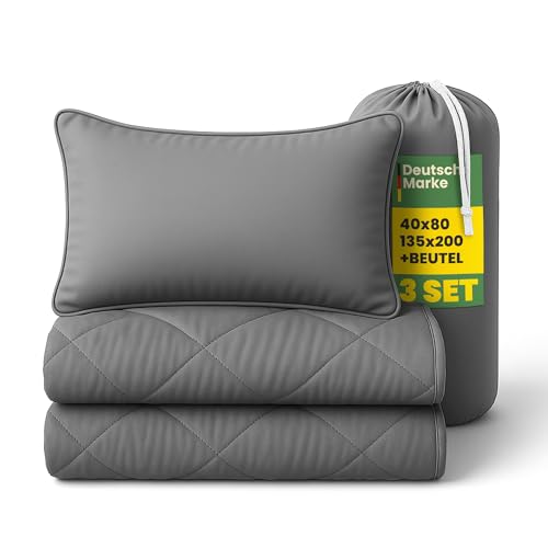 Bestlivings Reise Bettenset 2tlg - Anthrazit - (135x200cm / 40x80cm) Sommer-Bettdecke inkl Reisetasche ÖKO-Tex 100 - Wendedecke für Reisen, Urlaub, Camping, Festival