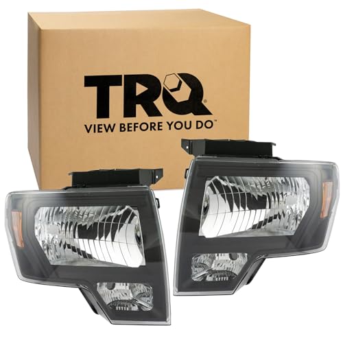 Image of TRQ 2 Piece Headlight Assembly Set Halogen Black Bezel Driver & Passenger Side Compatible with 2009-2014 Ford F-150 FO2502287 FO2503287