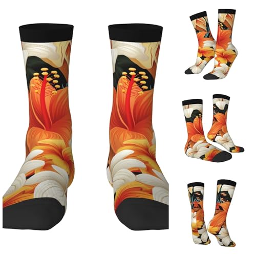 LZQPOEAS Flowers and Hawaiian tribal patterns Athletic Socks Unisex Cushioned Crew Socks Hiking Running Calf Sock Soft Above Ankle Sock