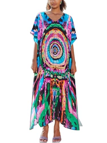 Image of KECVOT Kaftan Dresses for Women V-Neck Print Swimsuit Cover Up Plus Size Beach Caftan Lounge Dress