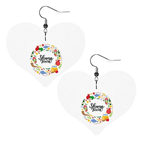 Pendientes de cuero Rosh Hashanah Shana Tova para mujer, pendientes colgantes, colgante de corazón con gancho, regalos para niña adulta