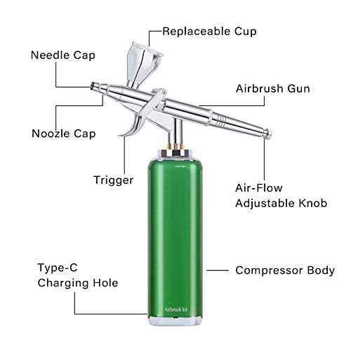 Image of high air Flow Cordless Airbrush Kit, Wireless Portable Air Brush Compressor, Rechargeable Mini Air Brush, Handheld Airbrush Gun for Barber, Model Painting, Nail Art, Makeup, Tattoo (Green)