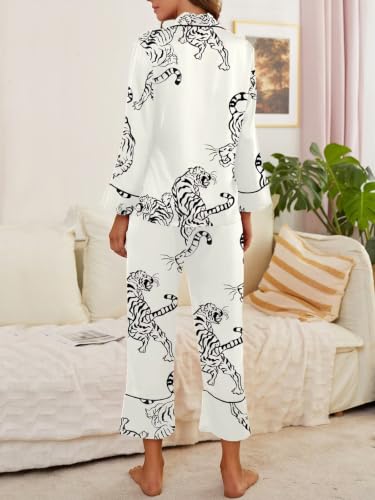 Image of Brosloth Women's Silk Satin Pajamas Long Sleeve Button Up Loungewear Set | Button Down Animal Print Pajamas, Ladies Fancy Pajama sets, Two Piece Lounge Set, Notch Collar Lightweight Sleepwear, Gift