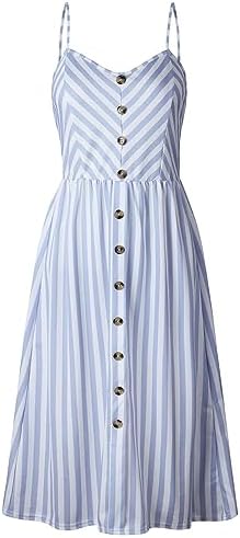 Women's Dress Summer Spaghetti Strap Sundress Casual Floral Midi Backless Button Up Swing Dresses with Pockets