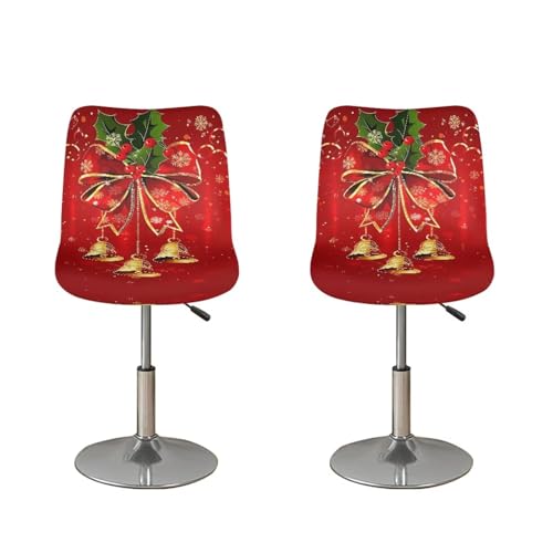 Image of Bar Stool Covers with Backs Dining Room Square Swivel Barstool Chair Seat Set of 2 Christmas Bells Red Non-Slip Counter Height Chair Covers Xmas Decor