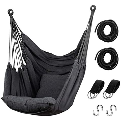 Hommtina Hammock Chair Hanging Rope Swing, Max 300 Lbs Hanging Chair with Pocket & Durability Perfect for Outdoor, Home, Bedroom, Patio, Yard (Pillows NOT Included,Dark Gray) Cover