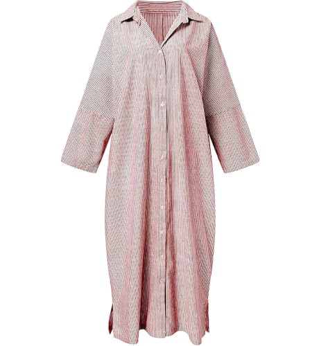 Image of ebossy Women's Oversized Boho Striped Shirt Dress Button Up Long Sleeve Flowy A Line Caftan Dress with Pockets