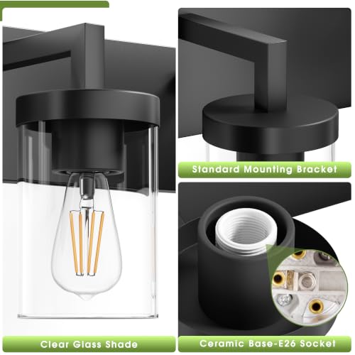 Image of Bathroom Vanity Light, 3 Light Matte Black Vanity Lights with Clear Glass Shade, 22in Modern Wall Sconces, Bathroom Lighting Fixtures Over Mirror