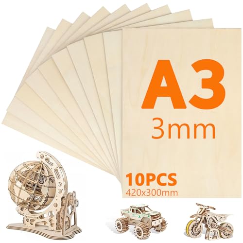 10 Stück A3 Sperrholz 420mm x 300mm Sperrholzplatte Sperrholzplatte 3mm Holzplatten zum Basteln Geeignet für Schnitzen Modellbau Laserschneiden Brandmalerei Dekorieren Gemälde