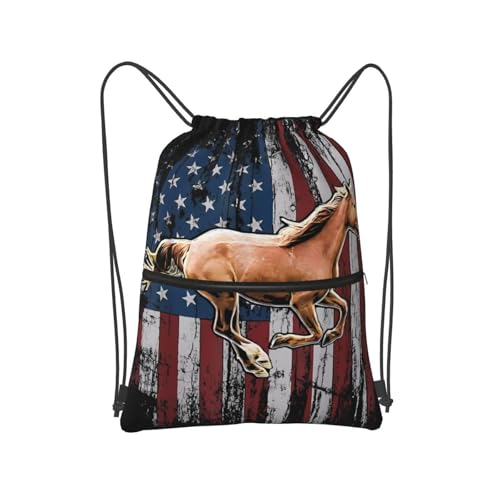 SEOCKA Vintage Horse American Flag Drawstring Backpack Gym Bag Sackpack Zipper Cinch Sports Backpack For Men Women