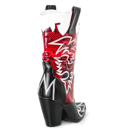 Image of Women Cowboy Boots Mid Calf Embroidered Cowgirl Knee High Chunky Heel Western Pointed Toe