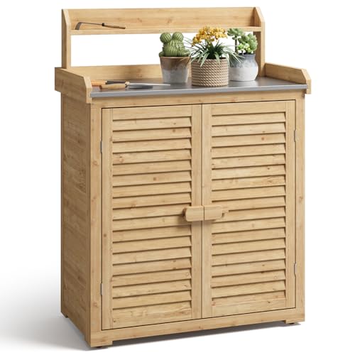 Blishom Gartenarbeitstisch mit Edelstahlarbeitsfläche – Outdoor Pflanztisch aus Holz mit Türen, Regal & Haken, Rollbar, für Balkon, Terrasse & Garten, 84.5x46x120 cm, Natur
