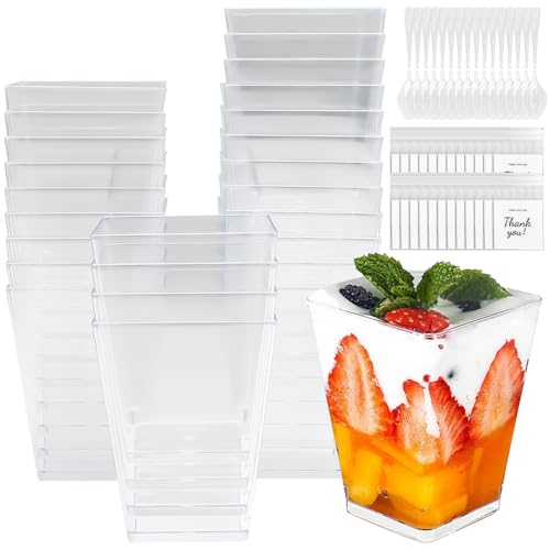 VEGCOO 200 Stück Set 150ml Dessertbecher Plastik + Deckel + Löffeln + Plätzchentüten, Wiederverwendbare Plastik Dessertbechern, 150 ml Dessertschalen, für Dessert, Pudding, Tiramisu, Mousse, Party