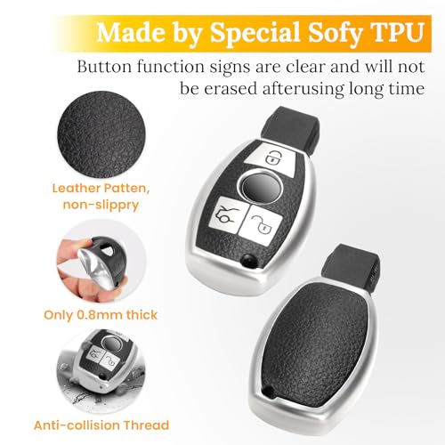Image of Key Fob Cover for Mercedes Benz, Leather-Style Tab Cover, Silver | Wear-resistant TPU shell, PU leather-style tab, daily splash, scratch and drop protection, normal signal use, easy setup