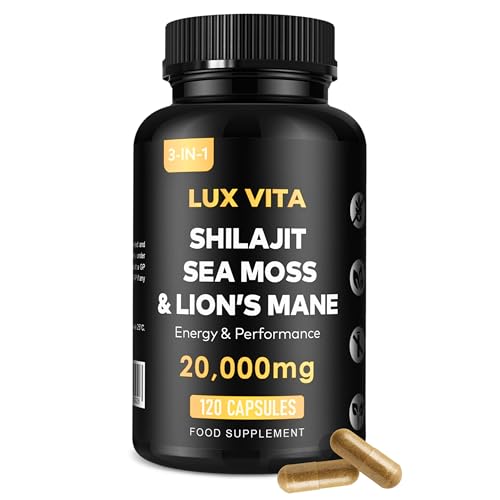 Himalayan Shilajit Irish Sea Moss & Lions Mane Capsules | 3-in-1 High Strength Blend for Energy Focus & Vitality | 20 000mg 60% Fulvic Acid | Vegan 120 Capsules | Lux Vita