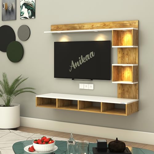 Image of Anikaa Kirina Engineered Wood Wall Mount TV Unit with LED Lights TV Cabinet TV Entertainment Unit Set Top Box Stand (Giantwood /White) (Ideal for 43 Inch)(D.I.Y)