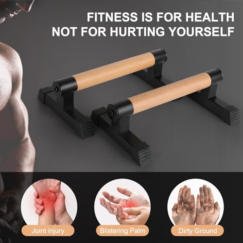 Image of Airogym Wooden Parallettes, Wood Push Up Handles Pushup Bars, Heavy-Duty Sturdy Metal Non-Slip Base Exercise Home Workout Equipment, Parallettes Bars Grip for Strength Training, Planks Calisthenics