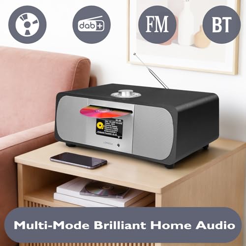 Image of LEMEGA M6P CD Player, FM, Bluetooth, Powerful HiFi, Subwoofer, Black | 2.8in colour display, 40 presets, remote control, wooden cabinet, headphone jack, internal subwoofer, EQ modes, remote