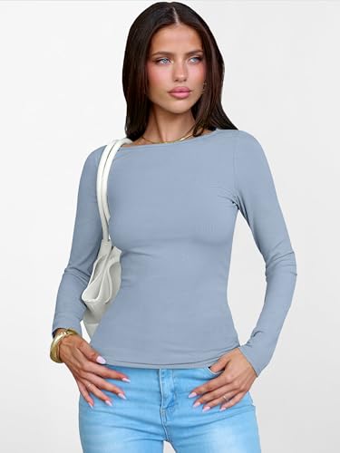 Image of ANRABESS Women's Boat Neck Long Sleeve Shirts Rib Knit Slim Fitting Tops Basic Tees 2026 Casual Comfy Fall Outfits Clothes