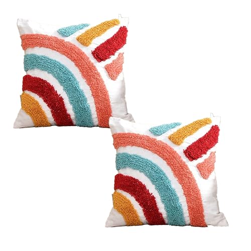 Image of Tarantaran Tufted Decorative Throw Pillow Cover, Blue and White Geometric Pattern with Tassels, 40.6 x 40.6 cm, Modern Square Pack of 2 (Rainbow)