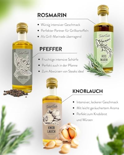TIMBER TASTE® Öl Geschenkset Männer & Frauen [BBQ - 5x40ml] - 5 erlesene Essige & Speiseöle - Kochbox Koch Set - Geschenkideen für Mannr & Frau - Geschenk Gewürzset zum Kochen für Ihn & Sie
