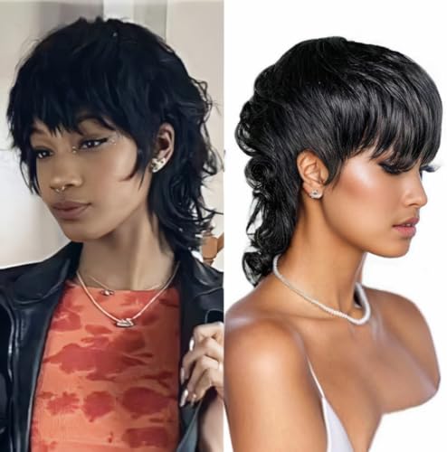 Mullet Wig Human Hair Pixie Cut Wigs With Bangs Full Machine Made Hair Wigs