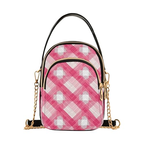 Pink White Gingham Checkered Women Shoulder Handbag Quilted Chain Wallet Cell Phone Purse Cute Designer Satchel Crossbody Bag