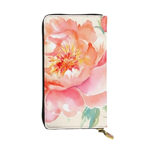 Peach Peony Wallet for Men Women Long Purse Leather Clutch Large Business Handbag Travel Phone Holder Credit Card Holder Money Case with Zipper Leather Wallets Gift