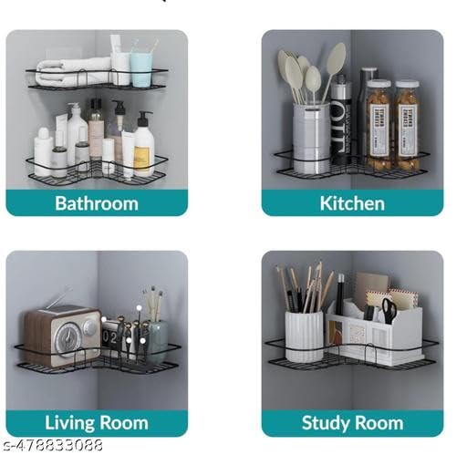(Pack of 2) Wall Mounted Self-Adhesive Bathroom Corner Shelf/Kitchen Rack & Holder - Bathroom Accessories (Material-GI Metal, Powder Coated Finish, Black, 1