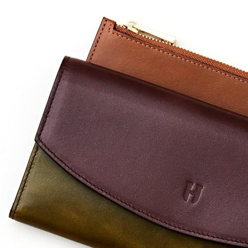 Handcrafted Full-Grain Leather Women’s Wallet, RFID Blocking, 12 Card Slots, 3 Compartments, Removable Zipper Coin Pouch, Gift Box & Pouch, Christmas & Birthday, Brown-Khaki2