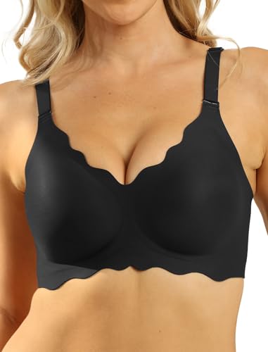 Image of COMFELIE Seamless Wireless T-Shirt Bra for Women, Full Coverage No Underwire with Deep V Neck, U-Back & Lace Trim
