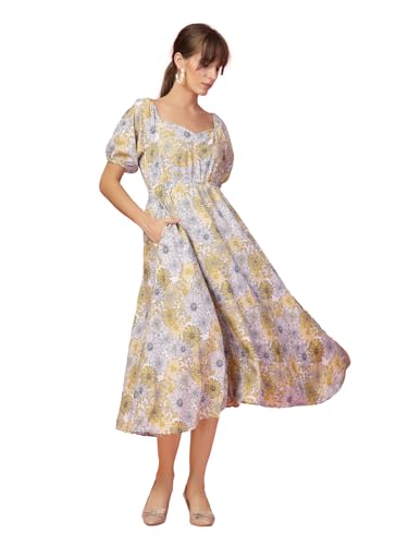 Image of OOMPH! Below Knee Shift Pink Dress in Crepe Fabric with Round Neck and Puff Sleeves - md619l