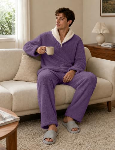 Image of Mens Fluffy Coral Fleece Pajamas Set Pullover Pants Loose Plush Warm Loungewear Sleepwear