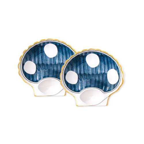 Image of Nestasia Set of 2 Ceramic Shell-Shaped Snack Plate with Dip Section for Chutney | Microwave & Dishwasher Safe Starter Plates | Perfect for Fries, Momos, Sushi, Kebab (White & Blue)