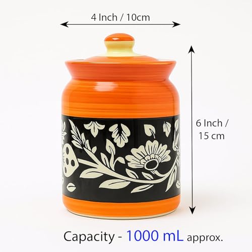 Image of D'Maiolica Ceramic Handmade Pickle Jars In 1000Ml(Set Of 2) | Ceramic Container Set For Kitchen Storage | Pottery Jars For Achar,Spices,Salt,Black (Pack Of 2) (Full Floral Yellow Black Bale)