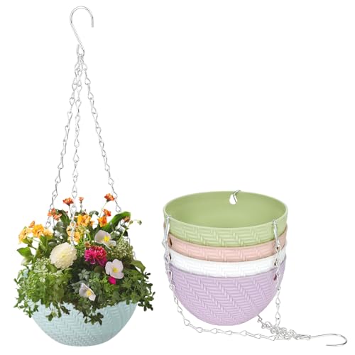 QWORK® 5Pcs Blumentopf Hängend aus Kunststoff mit Kettenhaken – Buntes Flechtmuster für Kräuter, Blumen und Sukkulenten, 5 Farben