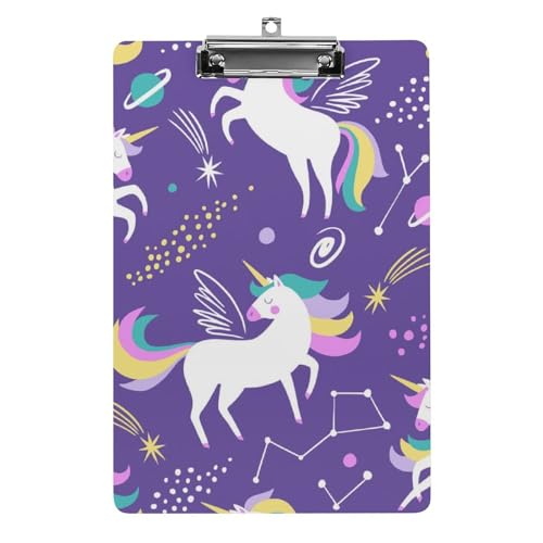 Porte-bloc A4 licorne violette avec pince à profil bas et clip métal
