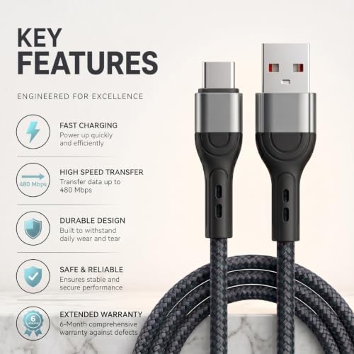 Image of 60W Fast Charging USB to Type C Cable Compatible with iPhone, Samsung, OnePlus, Google Pixel, Macbook, 480mbps Data Sync, Braided Cable, 1 mtr, Black(Free Cable Protectors)