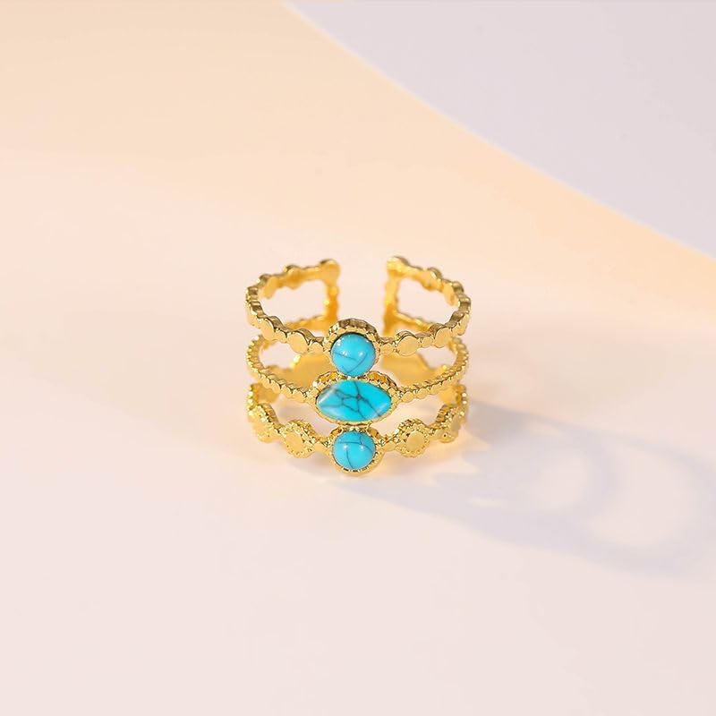 Three Row Geometric Turquoise Ring, 18K Gold-Plated Natural Stone, Fashion Statement Jewelry for Women - Image 7