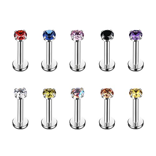 Ruifan 3mm Mix Color CZ Gem Internally Threaded Labret Monroe Lip Ring Tragus Nail Helix Earring Stud Barbell Piercing Jewelry 16G 6mm 10PCS