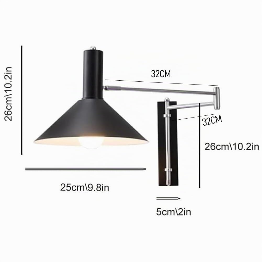 Schwenkarm Wandleuchten mit Schalter und Kabel Wandlampe lnnen Vintage Industrie Wandbeleuchtung Verstellbar Langer Arm Wand Leselampe Drehbare 360 ° Flexarm für Wohnzimmer Büro,Schwarz
