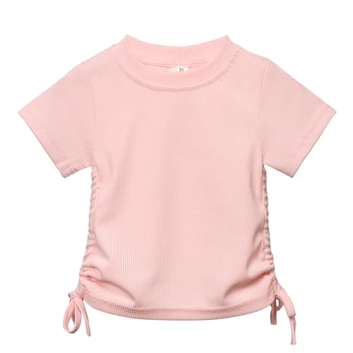 Image of Toddler Girl Summer Clothes Little Girl Outfit Short Sleeve Shirt + Flared Pants 2 Pieces Girls Clothing Set,Pink /2-3Y